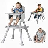 6-in-1 Convertible Baby Highchair, Booster Seat, Toddler Chair & Building Block Table, with Removable Tray, Easy Clean Cushion & 5-Point Harness (Grey)