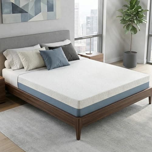 PlushNest 10 Inch King Mattress Copper-Infused Memory Foam Mattress with Double-Perforated 7-Zone Support Airflow and Heat Dissipation Adjustable Bed-Friendly 80''L x 76''W Blue White Cover