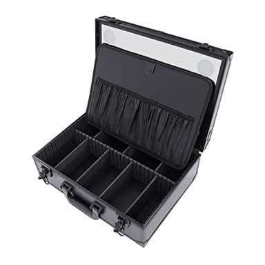Fufiea Large Makeup Train Case with LED Mirror and Adjustable Dividers, Professional Cosmetic Organizer Box, 15lbs Capacity Waterproof Travel Case, Portable Black Makeup Suitcase for Artists