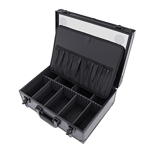 Fufiea Large Makeup Train Case with LED Mirror and Adjustable Dividers, Professional Cosmetic Organizer Box, 15lbs Capacity Waterproof Travel Case, Portable Black Makeup Suitcase for Artists