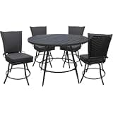 Pemberly Row 5-Piece Patio Dining Set, Dark Gray Linen & Gray, Round 42 in Table, Powder-Coated Aluminum Frame, PE Wicker Back, Removable Cushions, 360° Swivel Chairs, Indoor/Outdoor Dining Use