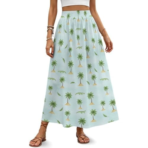 DGTXWIT Women’s High Waist Maxi Skirt Palm Trees Crocodiles Leaves Elastic Waist A Line Long Flowy Skirts for Summer Beach Vacation Small