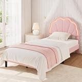 Garvee Twin Bed Frames, Velvet Platform Bed Frame with Adjustable Seashell Headboard and LED Light, Under Bed Storage, No Box Spring Needed, Light Pink
