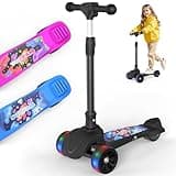 Electric Scooter, 80W Motor, Max 5 MPH, Thumb Throttle, 3 Adjustable Height, Lean-to-Steer, 3.5" Lighted Up Wheel, Foldable Scooter for Boys & Girls, Max Load 110 lbs
