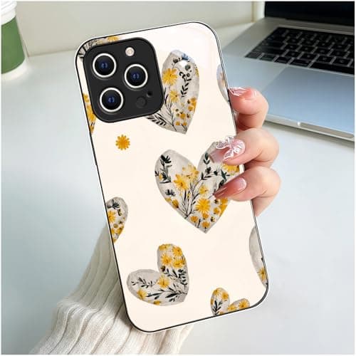Branwen for iPhone 15 Pro Case 6.1 inch Watercolor Floral Heart & Cream Pattern, Glossy Smooth Hard Finish case, Cute & Romantic & Vibrant Style, Aesthetic Fans, Galentine's Day Gift