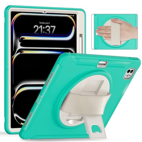 FONREST for iPad Pro 13-inch M4 2024 A2925/A2926 Rugged Case with Pencil Holder Groove Swivel Kickstand PU Leather Hand Grip, Portable PC+TPU Heavy Duty Shock-Dust-Proof Armor Cover (Mint)