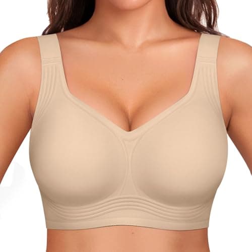 OEAK Womens Wireless Jelly Bra Plus Size Supportive Seamless Bras Full Coverage Push Up Comfortable No Underwire Tshirt Bras Creamy Beige L
