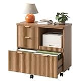 Bestier 3 Drawer File Cabinet, Decorative Fluted Wood Lateral Filing Cabinet with Caster for Home Office, Fits for A4/Letter/Legal-Sized Files, Printer Stand with Open Storage Shelves, Brown
