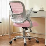Sweetcrispy Home Office Computer Desk Chair, Ergonomic Mid-Back Mesh Rolling Work Swivel Task Chairs with Wheels, Comfortable Lumbar Support, Comfy Flip-up Arms for Bedroom, Study, Student, Pink