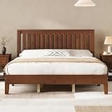 AMERLIFE King Solid Wood Platform Bed with Vertical Slats Headboard, Wooden Bedframe King-Size, Sturdy Wooden Slats Support, No Box Spring Needed, Walnut