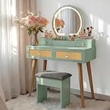 Brafab 31" Boho Natural Rattan Vanity Desk Set with 3 Modes Adjustable Lighted Mirror and Cushioned Stool, Modern Compact Design Makeup Table for Bedroom, Cute Dressing Table for Small Space, Mint