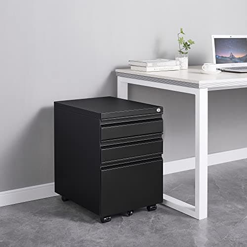 3 Drawer Mobile Vertical Steel File Cabinet on Anti-tilt Wheels with Lock for Legal/Letter Size, Filing Organization Storage Cabinets, Fully Assembled Except for Wheels, Home Office Design, Black