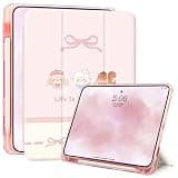 Cartoon Animals Case for iPad 10th Generation 10.9" 2022 / iPad (A16 Chip) 11th Generation 11" 2025 Built-in Pencil Holder, Trifold Stand Cover Transparent Back Shell, Auto Wake/Sleep (Pink)