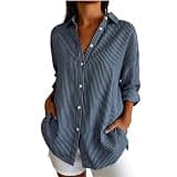 Women Striped Tunic Blouses Button Down Point Collar Roll Tab Sleeve Shirts Loose Fit Dressy Casual Work Blouse Top Navy