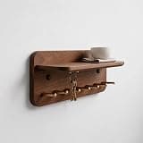 NBMFGD Modern Wood Wall Shelf with Hooks, Walnut Finish Entryway Organizer, 5 Brass Coat Hooks & Floating Shelf for Keys Coats Towels, Decorative Storage for Hallway Bathroom Bedroom
