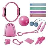 CoreHarmony 13-in-1 Pilates Kit for Women, Home Workout Set with 12.9” Magic Ring, 9.8” Ball, Yoga Ring, 4 Fabric Resistance Bands, Latex Stretch Band, Cordless Jump Rope, Strap & Bag, Pink