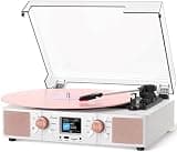 DANFI Spin Vinyl Record Player with Built-in Dual Speakers, Bluetooth Input, 3-Speed Turntable with Color LCD Clock, Display, USB/TF Card, RCA Output/AUX Input/Headphone Jack, White &Rose Gold