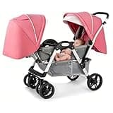 Twin Umbrella Baby Pram Stroller,Double Infant Stroller Foldable High Landscape Shock Absorption Umbrella Twin Stroller with Adjustable Backrest(Pink)