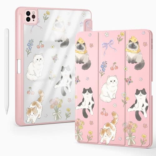 BlHMCASE Cute Kawaii Cat Kitten for iPad Pro 11 Inch Case (M5/M4) 2025/2024 with Pencil Holder, Auto Sleep/Wake, Pink Leather Clear Acrylic Back Cover