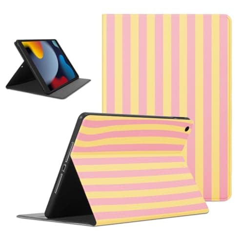 Mrtponk Yellow Striped Pink Vertical Line Tablet Case for iPad 9th/8th/7th Gen 2021/2020/2019 10.2", Cute Strip Print Stripes Cases Slim Lightweight Trifold Stand with Soft TPU Cover for Girl Boy