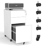 Kiwaou Mobile File Cabinet 3 Drawer Locking, All-Steel Storage on Wheels, Two Shallow & One Deep Drawer for Office Home, White, 110lbs/Drawer, Anti-Tip, Fully Assembled