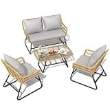 YITAHOME 4 Piece Patio Furniture Set, Outdoor Wicker Furniture Set with Removable Cushion, Rattan Patio Loveseat Set for Garden, Backyard, and Deck,Armchairs, Glass Side Table, Light Gray & Beige