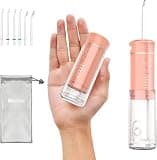 Water Flosser Mini Cordless Portable: 5 Modes Travel Water Dental Floss with Telescopic Water Tank, IPX7 Waterproof Oral Irrigator for Teeth Cleaning Gums,Orthodontic,Braces Dental Care (Peach Fuzz)