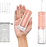 Water Flosser Mini Cordless Portable: 5 Modes Travel Water Dental Floss with Telescopic Water Tank, IPX7 Waterproof Oral Irrigator for Teeth Cleaning Gums,Orthodontic,Braces Dental Care (Peach Fuzz)