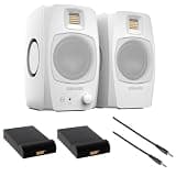ADAM Audio D3V Active Desktop Monitoring System (White) Bundle with Auray IP-S Isolation Pad for Studio Monitor (Pair) and Comprehensive 3.5mm Stereo Male to Male Cable (6')