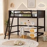 Twin Size Solid Wood Loft Bed with Full-Length Safety Guardrails and Slanted Ladder,Modern Loft Bed Frame with Sturdy Slat Support and Under-Bed Space for Kids,Easy Assemble,Space Saving,Espresso