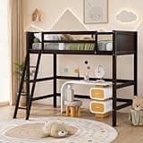 Twin Size Solid Wood Loft Bed with Full-Length Safety Guardrails and Slanted Ladder,Modern Loft Bed Frame with Sturdy Slat Support and Under-Bed Space for Kids,Easy Assemble,Space Saving,Espresso