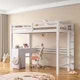 SogesHome Twin Loft Bed with Desk, Heavy Duty Wood Bed Frame for Teens, Space Saving Design with Safety Guardrail & Solid Pine Legs, 350LBS Capacity, White, 81.7" L x 41.9" W x 68.3" H