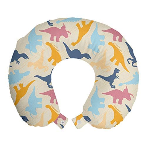 Lunarable Dinosaur Silhouette Travel Pillow Neck Rest, Themed Illustration of Colorful Prehistoric Animals, Memory Foam Traveling Accessory for Airplane and Car, 12", Eggshell Multicolor