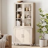 WAMPAT 72" Tall Bookcase with Glass Doors & Adjustable Shelves, Large Farmhouse Display Book Shelf with Storage Cabinet, Library Wood Bookshelves for Living Room,Kitchen, Light Oak