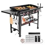 Royal Gourmet GD405A 4 Burner Propane Gas Grill and Griddle Combo with Grilling Gear Set, Griddle Grill Combo with Foldable Side Tables for Outdoor Cooking While Camping or Tailgating, Black