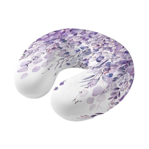 Travel Pillows U Shape Memory Foam Purple Eucalyptus Plane Neck Pillows Head Support Comfort Portable Watercolor Leaves Headrest Neck Pillow for Airplane Car Office Home Chair Sleeping Napping Rest