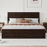 VilroCaz Queen Size Platform Bed with Adjustable Height Headboard, Pine Wood Bed Frame, Geometric Panel Design (Brown-6.16, Queen)