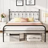 HAPPYMONT Queen Metal Platform Bed Frame with Headboard, Modern Design, Sturdy Slat Support, No Box Spring Needed, Easy Assembly, Space-Saving Storage Available, Black