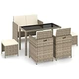 NKOPPFG Poly Rattan 6 Piece Patio Dining Set with Cushions, Beige Outdoor Furniture Set with Glass Table and Bench