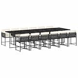 WRJENFSC 12-Seater Garden Dining Set, Large Outdoor Furniture Set with Tempered Glass Tabletop and Cushions, Black PE Rattan Patio Table for Social Gatherings and Terrace, Black and Cream
