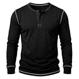 Men's Contrast Trim Henley Top Long Sleeve Button Front Slim Fit Shirts Casual Comfy Basic Fashion Layering Tees Black