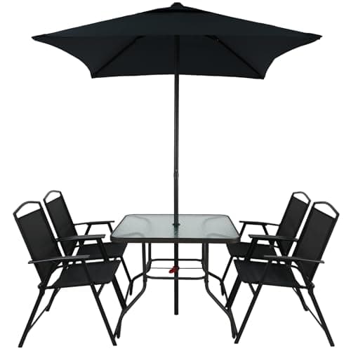DECKIFY 6-Piece Outdoor Patio Furniture Set for 4, Patio Table and Chairs Set with Umbrella, All-Weather Steel Frame & Glass Top Dining Table Set for Backyard, Lawn (Black)