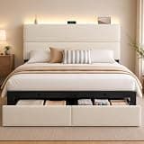UHTN Queen Bed Frame with 2 Storage Drawers, Velvet Upholstered Platform Bed Frame with Charging Ledge, LED Headboard Lighting, Metal Support, Noise Free, No Box Spring Needed, Easy Assembly, Beige
