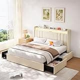 Welzona Queen Bed Frame with 4 Drawers and Storage Headboard, 51'' Tall Upholstered Platform Bed with Wingback Headboard, LED Lights & Charging Station, No Box Spring Needed, Wooden Slats, Beige
