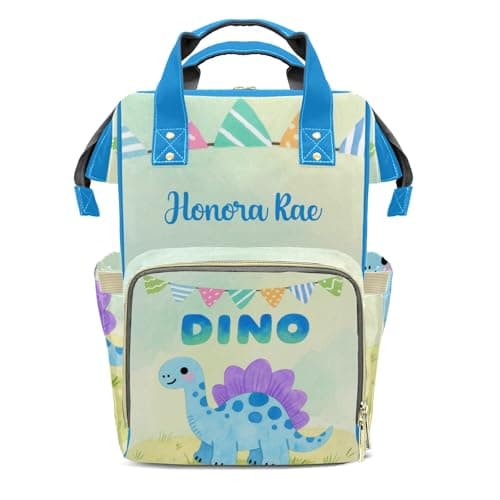 Joyestore Personalized Cute Blue Dinosaur Custom Mom Bag with Name,Dad and Mom Diaper Backpack for Baby Boys Girls,Birthday Gift for New Parents