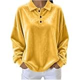 LBOVBE Velvet Henley Blouses for Women Long Sleeve Button Front Soft Warm Shirts Fall Winter Fashion Party Club Outfits Yellow