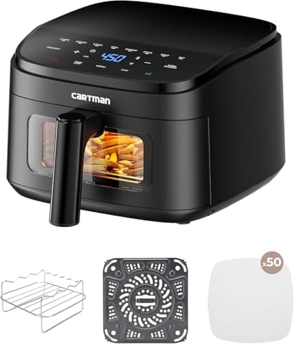 Cartman 4QT Compact Air Fryer, Ultra-Flat 6.7" Height Small Airfryer, Adjustable Airflow Design, Viewing Window, Up to 450℉, 7 Presets Touchscreen, Portable Air Fryer, Black