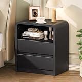 Modern Night Stand with Charging Station, 25" Tall Wood Nightstand Bedside Table with 3 Drawers & USB Ports, Mid-Century End Table for Bedroom (1, Black Smooth, 2 Drawers)