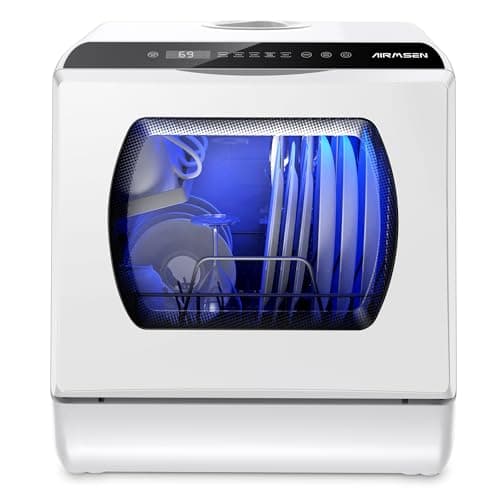 AIRMSEN Portable Countertop Dishwashers, 5 Washing Programs Mini Dishwashers with 1.2 Gal Built-in Water Tank and Double-layered Glass Door, No Hookup Needed for Home, Apartments & RVs