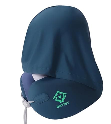 Baytey Travel Pillow with Large Hood – Silk Memory Foam with 360° Cool Comfort for Long Flights Head & Neck Support with Travel Ear-Plugs (Blue)